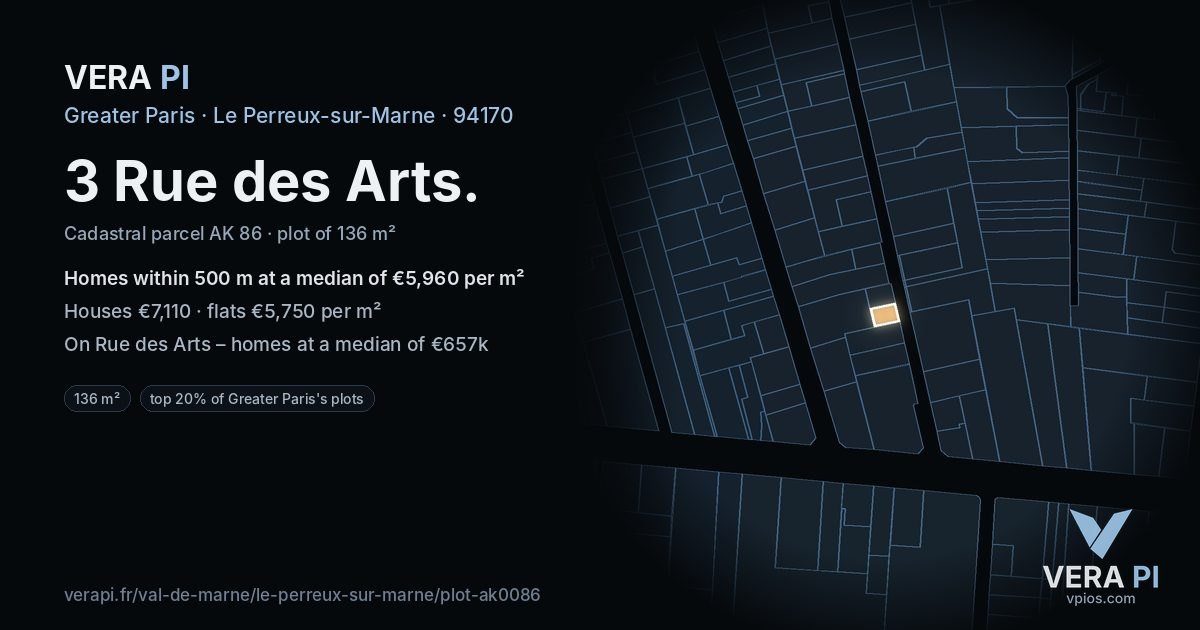 3 Rue des Arts, Le Perreux-sur-Marne at night – the plot lit, the parcels around coloured by the prices near them