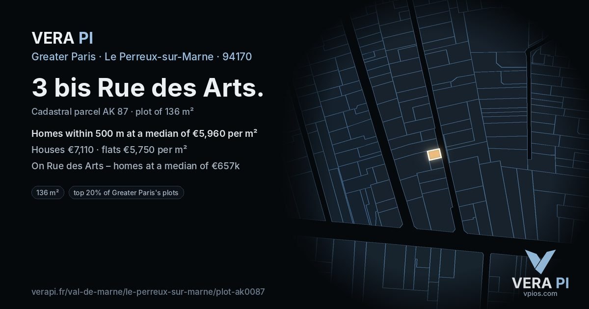 3 bis Rue des Arts, Le Perreux-sur-Marne at night – the plot lit, the parcels around coloured by the prices near them
