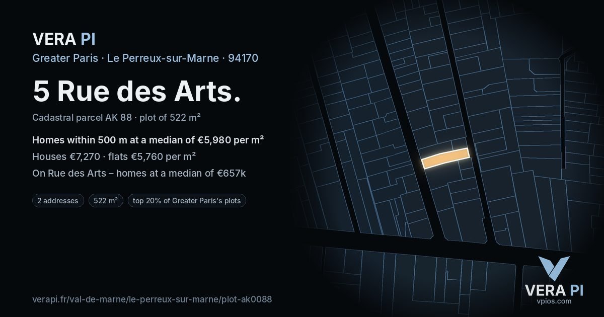 5 Rue des Arts, Le Perreux-sur-Marne at night – the plot lit, the parcels around coloured by the prices near them