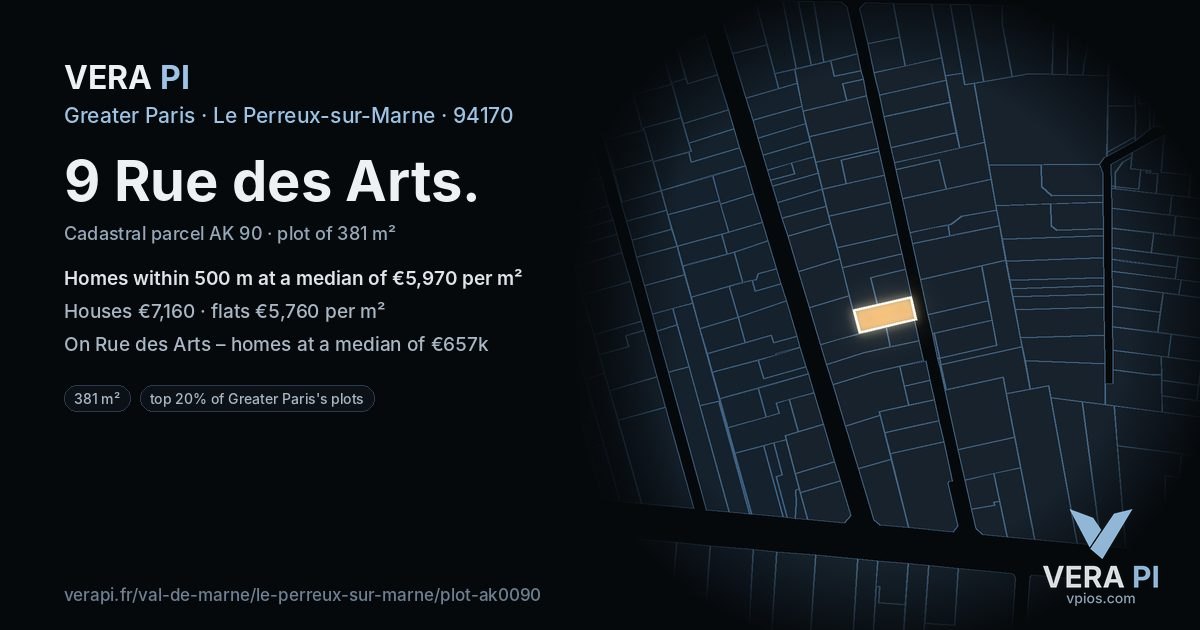 9 Rue des Arts, Le Perreux-sur-Marne at night – the plot lit, the parcels around coloured by the prices near them
