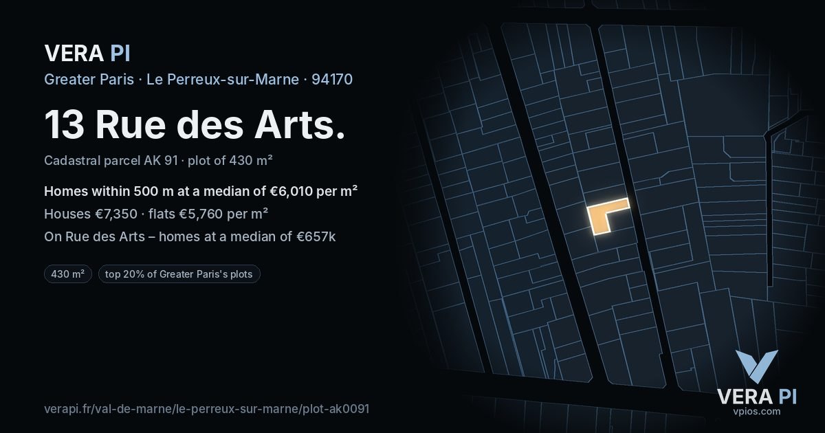 13 Rue des Arts, Le Perreux-sur-Marne at night – the plot lit, the parcels around coloured by the prices near them