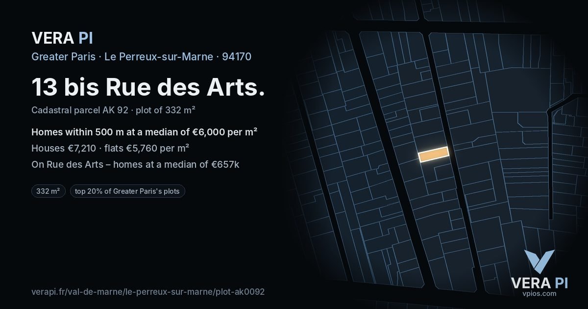 13 bis Rue des Arts, Le Perreux-sur-Marne at night – the plot lit, the parcels around coloured by the prices near them