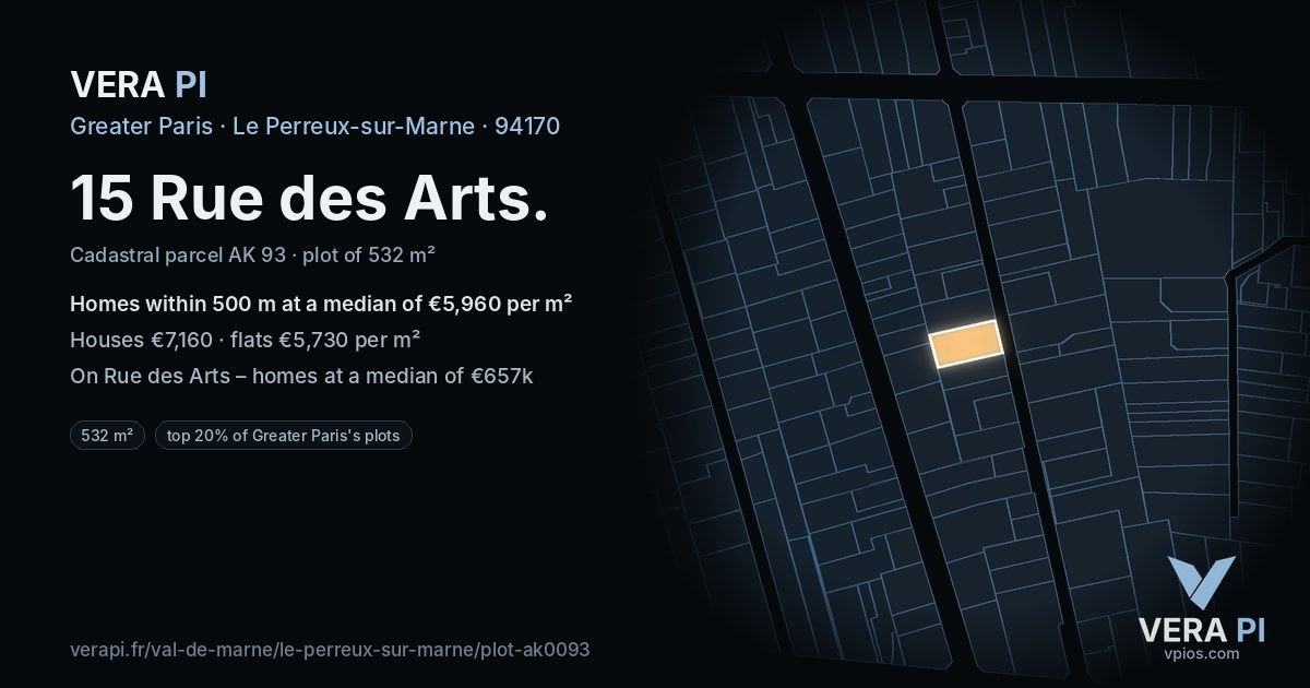 15 Rue des Arts, Le Perreux-sur-Marne at night – the plot lit, the parcels around coloured by the prices near them