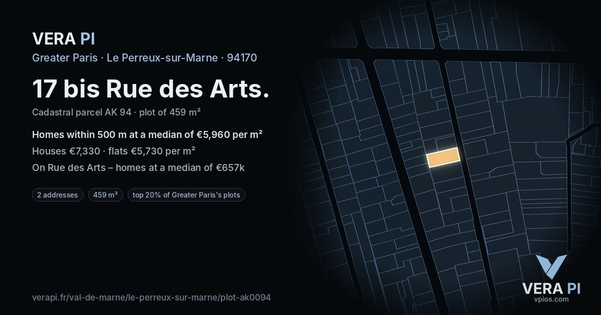 17 bis Rue des Arts, Le Perreux-sur-Marne at night – the plot lit, the parcels around coloured by the prices near them