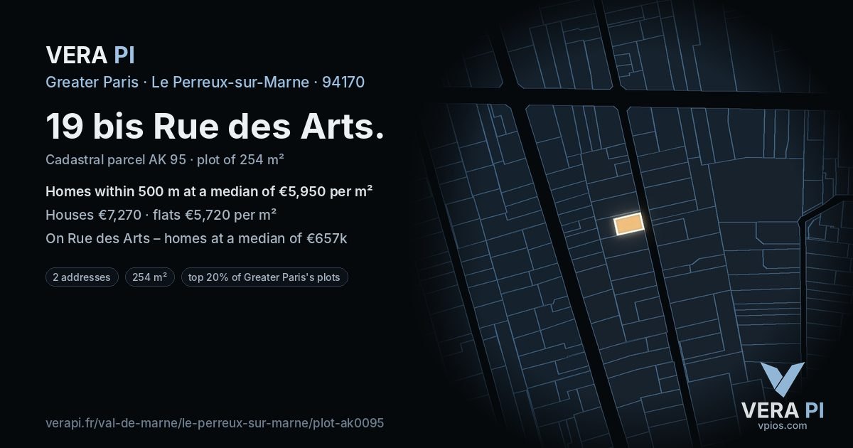 19 bis Rue des Arts, Le Perreux-sur-Marne at night – the plot lit, the parcels around coloured by the prices near them