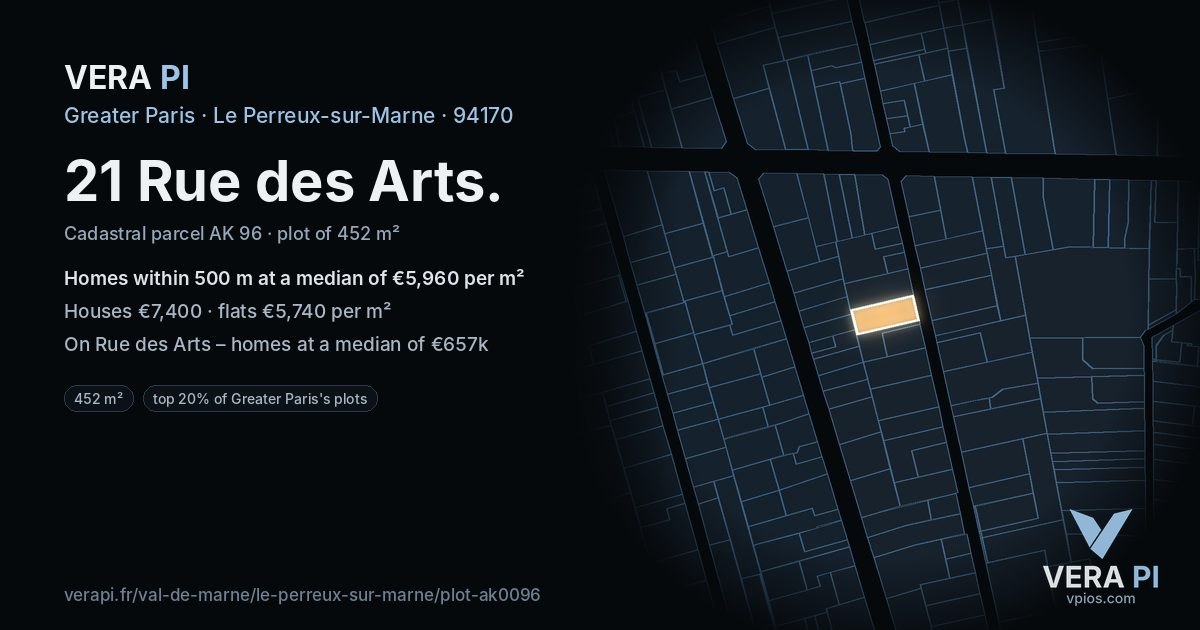 21 Rue des Arts, Le Perreux-sur-Marne at night – the plot lit, the parcels around coloured by the prices near them