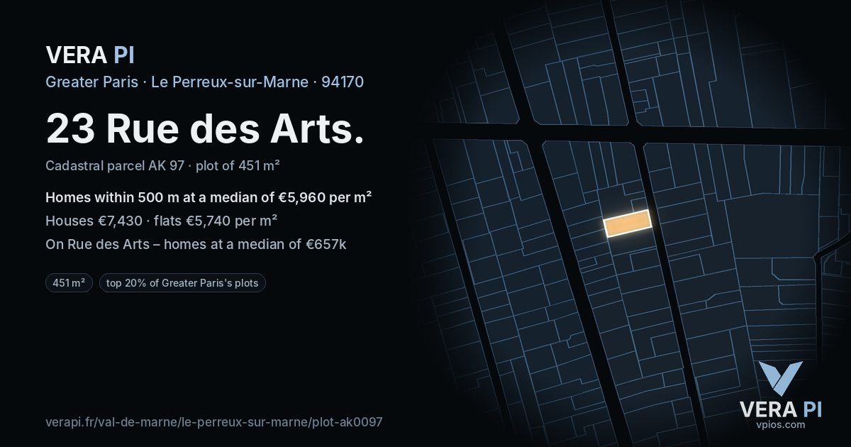 23 Rue des Arts, Le Perreux-sur-Marne at night – the plot lit, the parcels around coloured by the prices near them