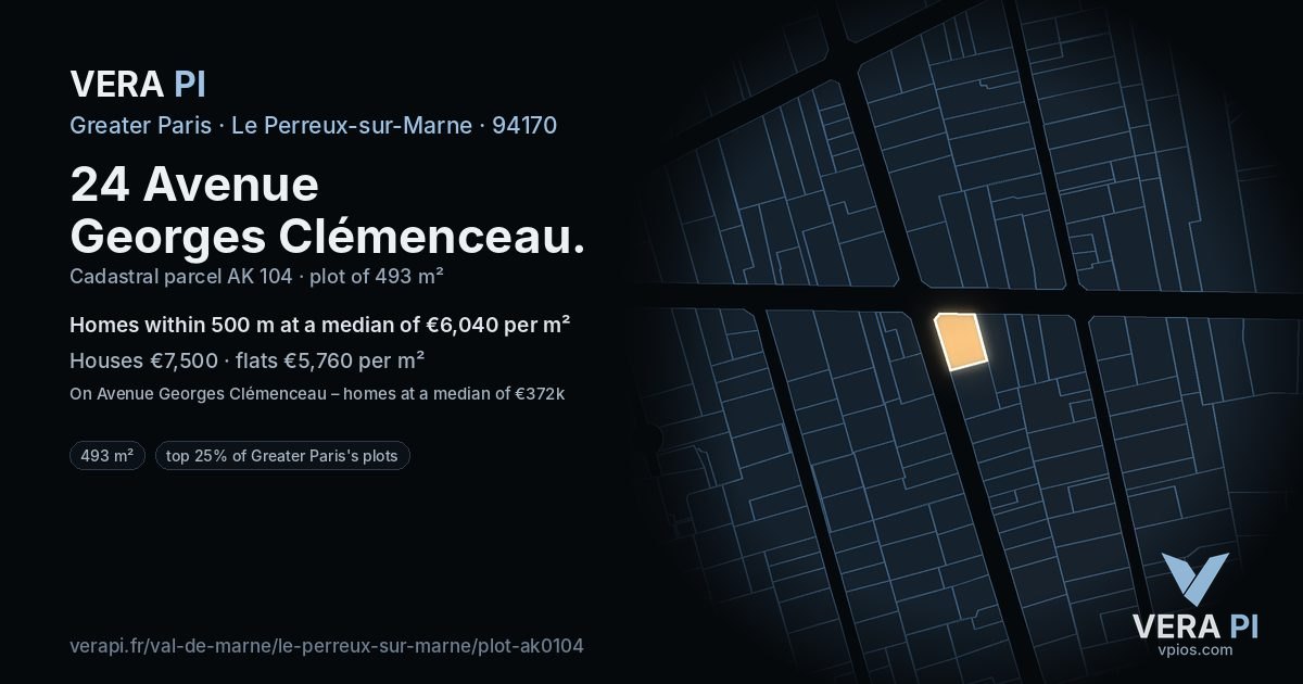 24 Avenue Georges Clémenceau, Le Perreux-sur-Marne at night – the plot lit, the parcels around coloured by the prices near them