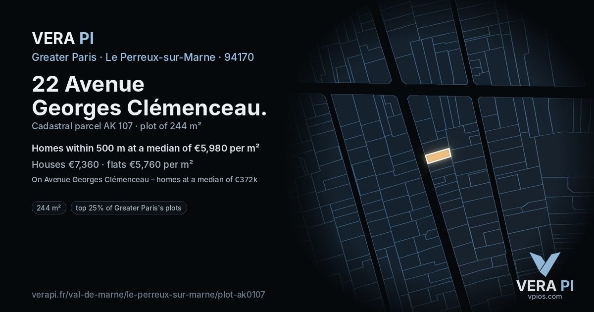 22 Avenue Georges Clémenceau, Le Perreux-sur-Marne at night – the plot lit, the parcels around coloured by the prices near them