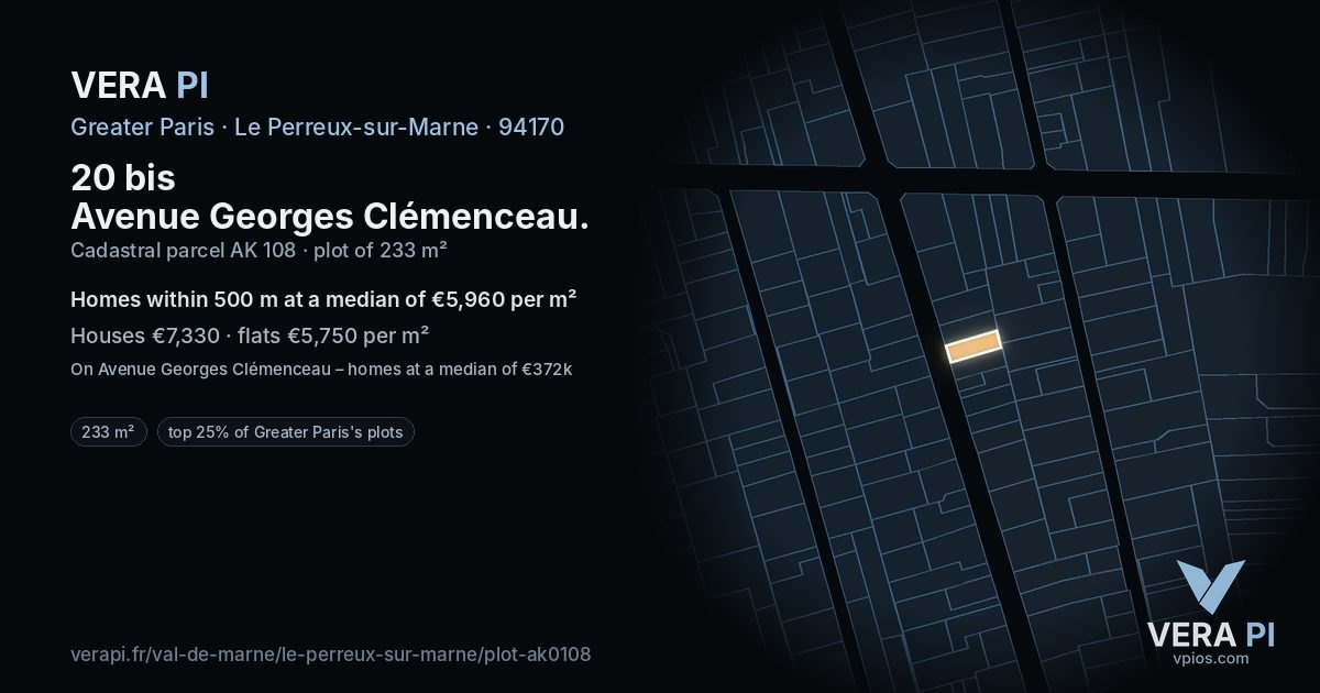 20 bis Avenue Georges Clémenceau, Le Perreux-sur-Marne at night – the plot lit, the parcels around coloured by the prices near them