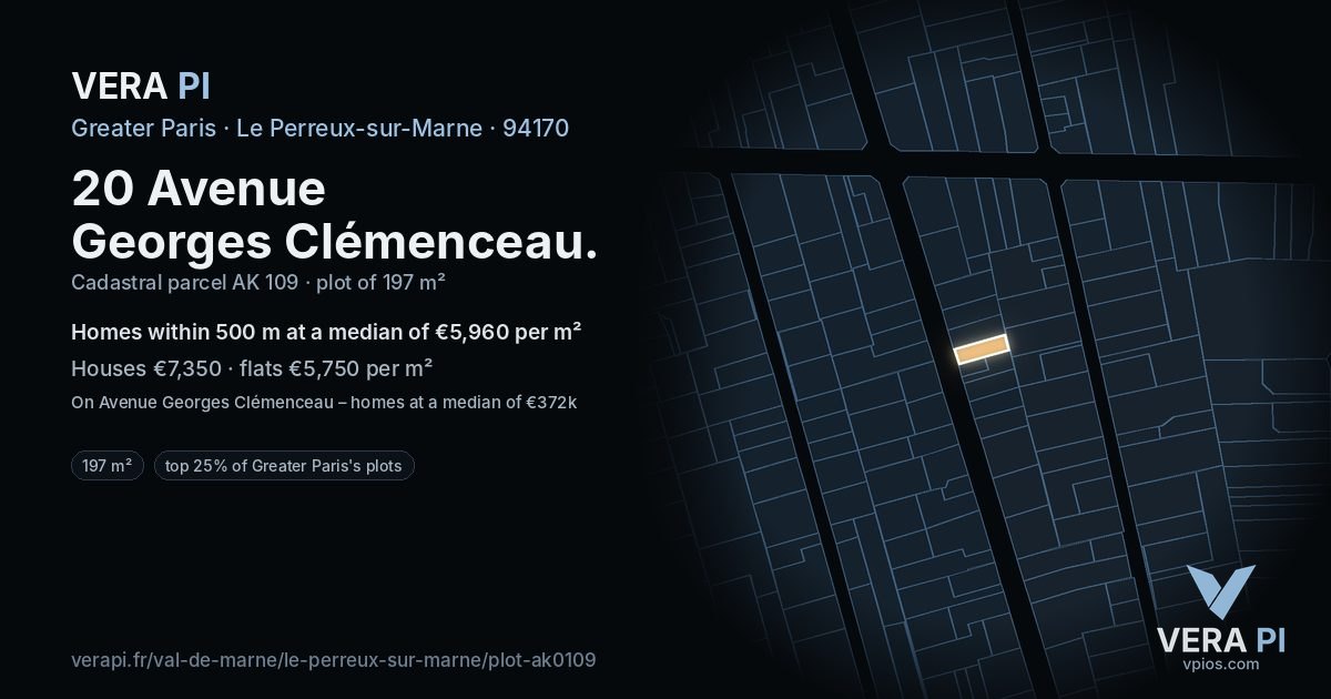 20 Avenue Georges Clémenceau, Le Perreux-sur-Marne at night – the plot lit, the parcels around coloured by the prices near them