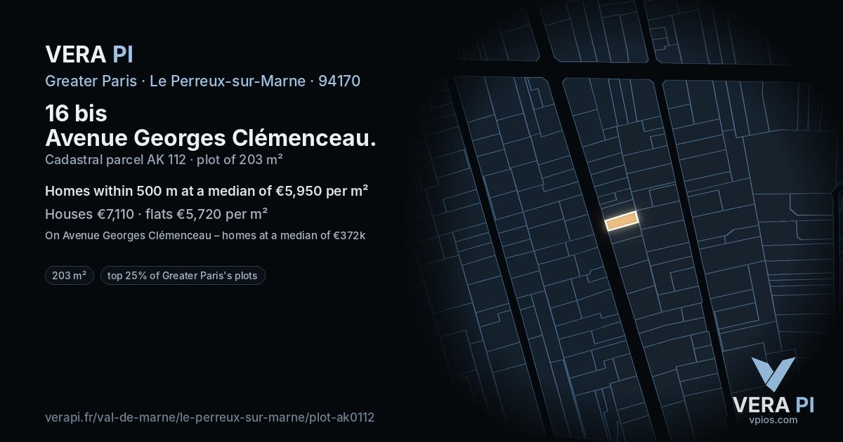 16 bis Avenue Georges Clémenceau, Le Perreux-sur-Marne at night – the plot lit, the parcels around coloured by the prices near them