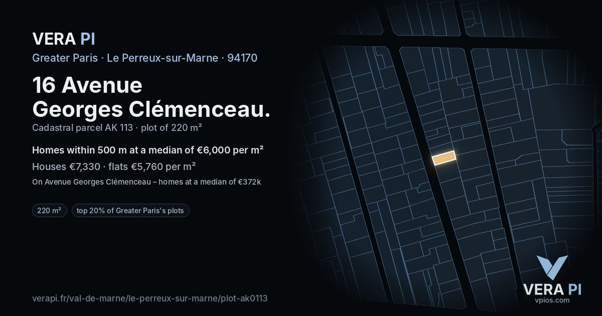 16 Avenue Georges Clémenceau, Le Perreux-sur-Marne at night – the plot lit, the parcels around coloured by the prices near them