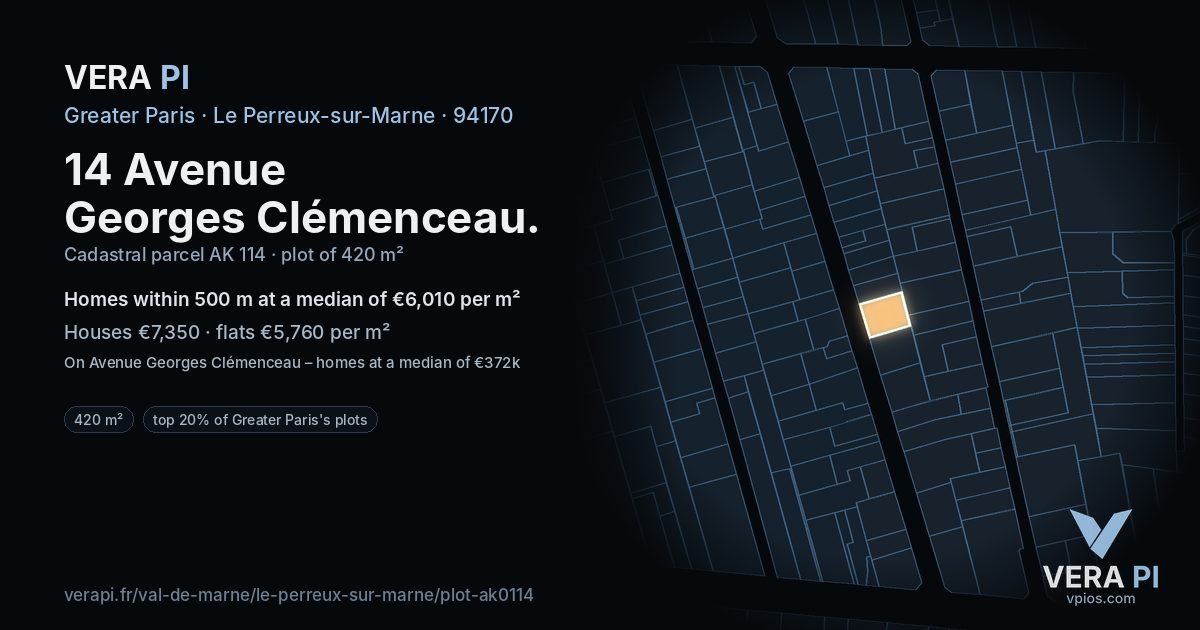 14 Avenue Georges Clémenceau, Le Perreux-sur-Marne at night – the plot lit, the parcels around coloured by the prices near them