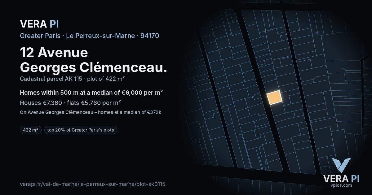 12 Avenue Georges Clémenceau, Le Perreux-sur-Marne at night – the plot lit, the parcels around coloured by the prices near them