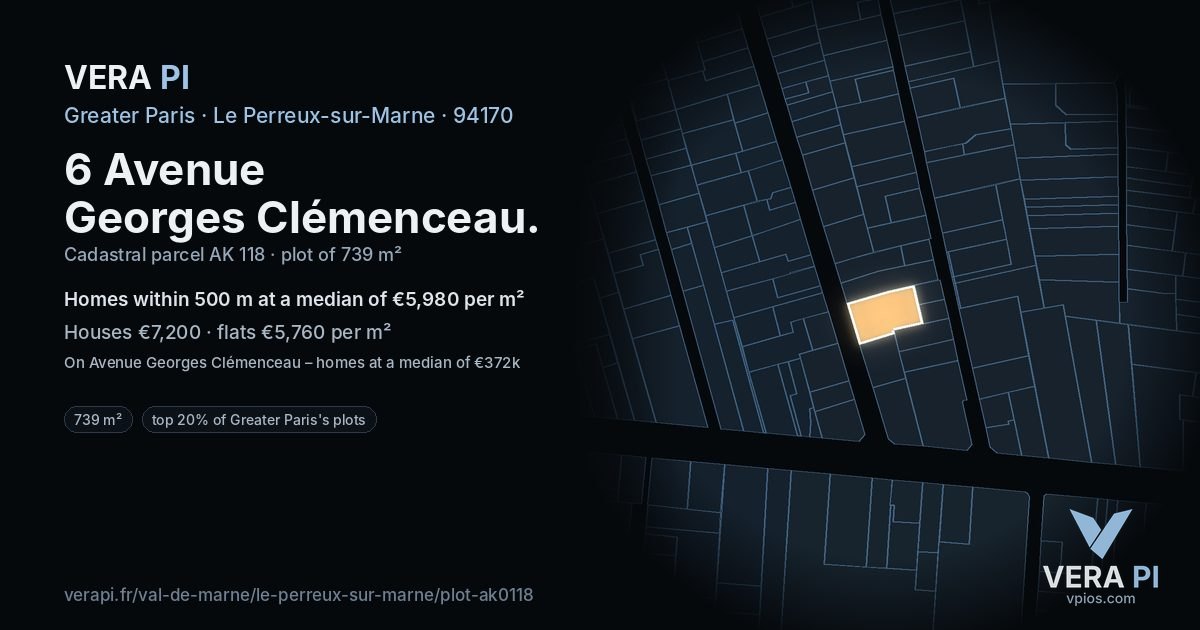 6 Avenue Georges Clémenceau, Le Perreux-sur-Marne at night – the plot lit, the parcels around coloured by the prices near them