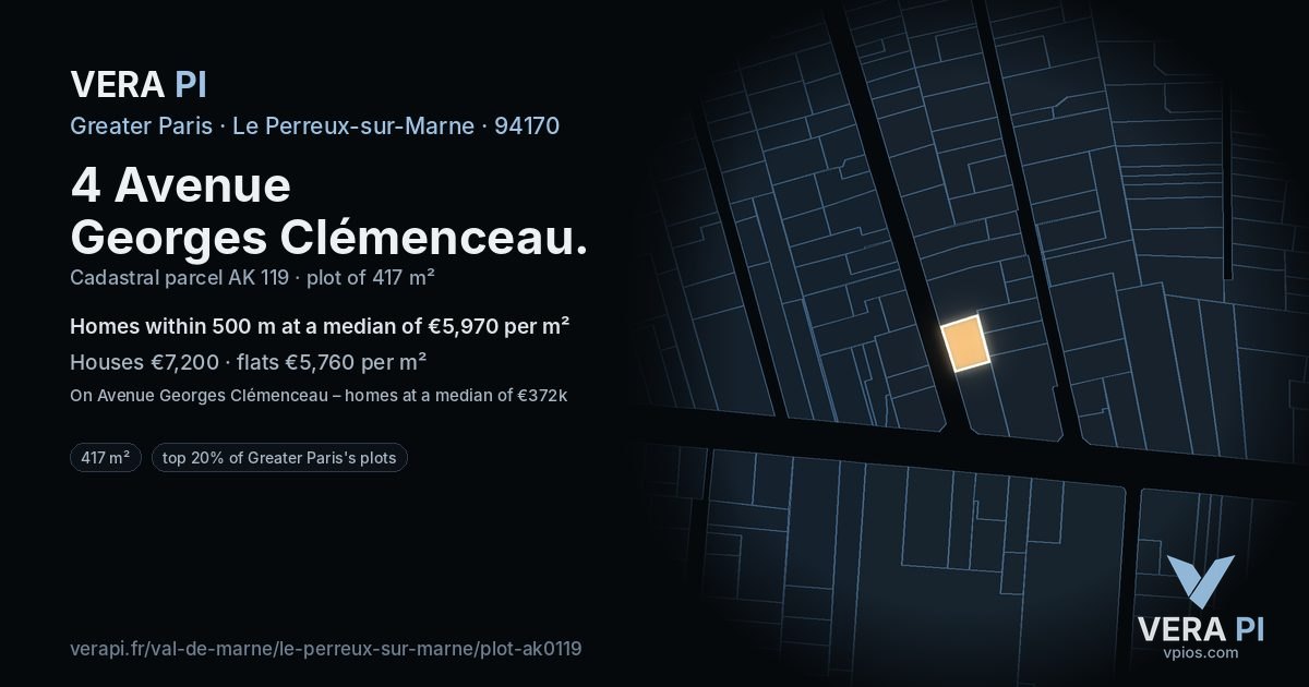 4 Avenue Georges Clémenceau, Le Perreux-sur-Marne at night – the plot lit, the parcels around coloured by the prices near them