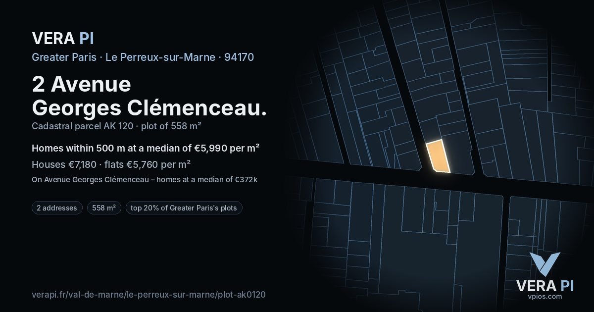 2 Avenue Georges Clémenceau, Le Perreux-sur-Marne at night – the plot lit, the parcels around coloured by the prices near them