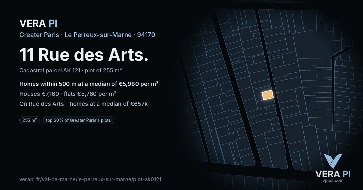 11 Rue des Arts, Le Perreux-sur-Marne at night – the plot lit, the parcels around coloured by the prices near them