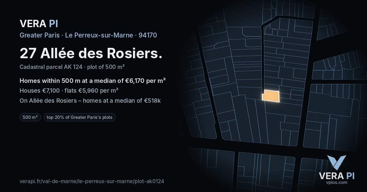 27 Allée des Rosiers, Le Perreux-sur-Marne at night – the plot lit, the parcels around coloured by the prices near them