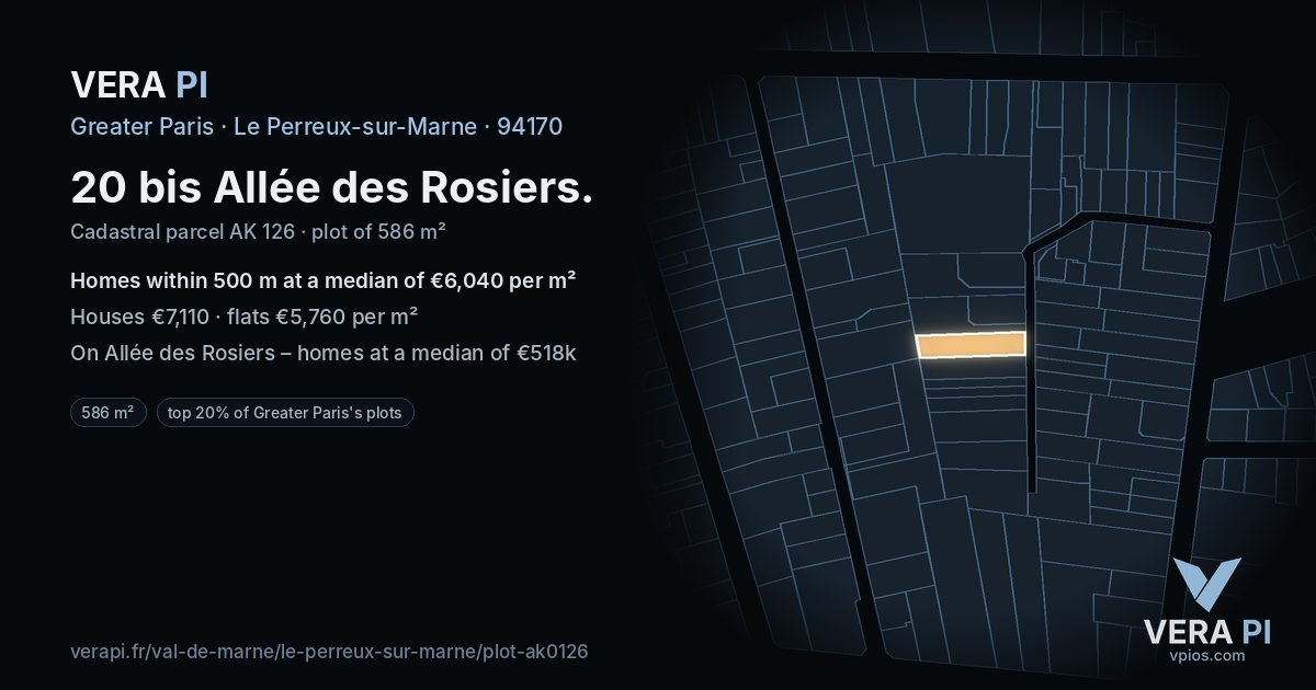 20 bis Allée des Rosiers, Le Perreux-sur-Marne at night – the plot lit, the parcels around coloured by the prices near them