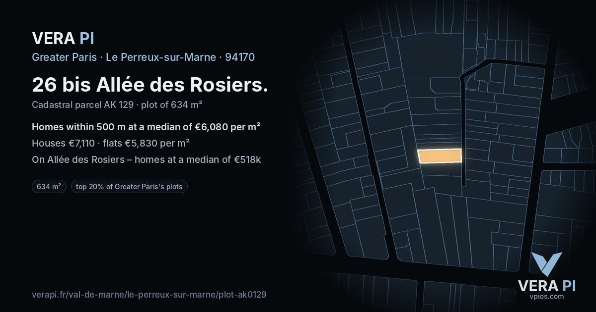 26 bis Allée des Rosiers, Le Perreux-sur-Marne at night – the plot lit, the parcels around coloured by the prices near them