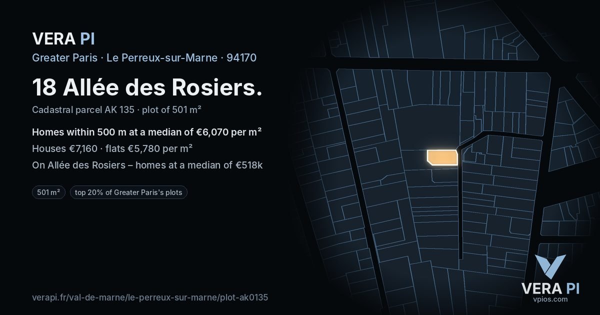 18 Allée des Rosiers, Le Perreux-sur-Marne at night – the plot lit, the parcels around coloured by the prices near them