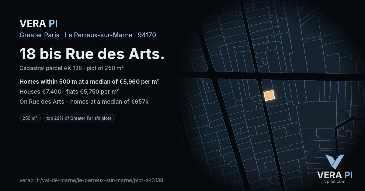 18 bis Rue des Arts, Le Perreux-sur-Marne at night – the plot lit, the parcels around coloured by the prices near them