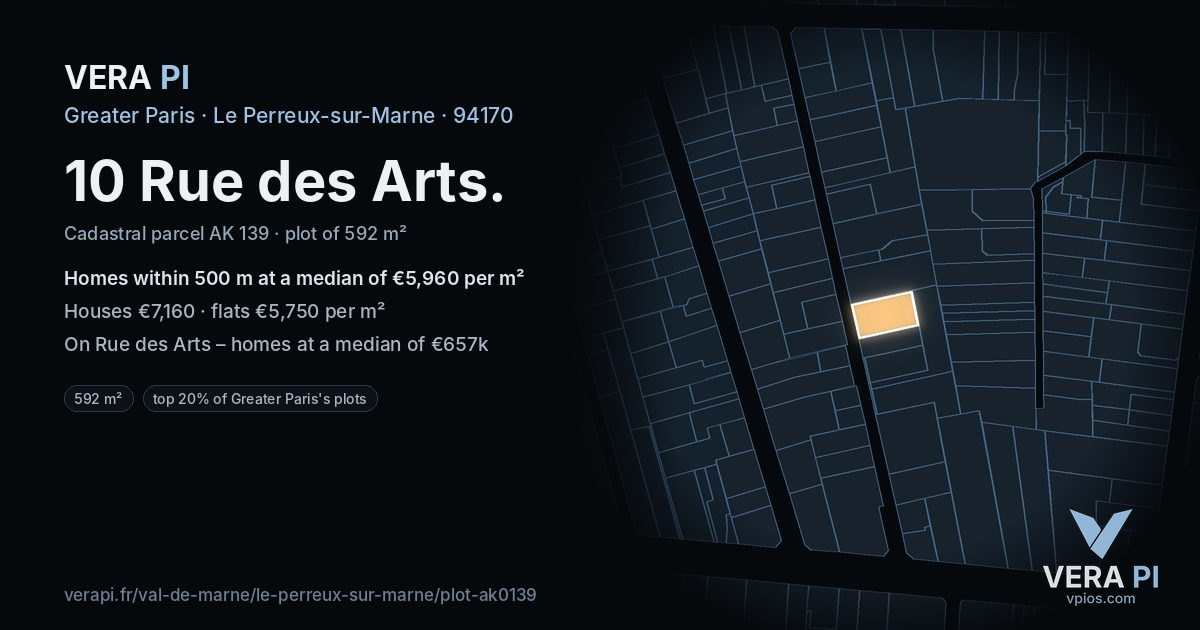 10 Rue des Arts, Le Perreux-sur-Marne at night – the plot lit, the parcels around coloured by the prices near them