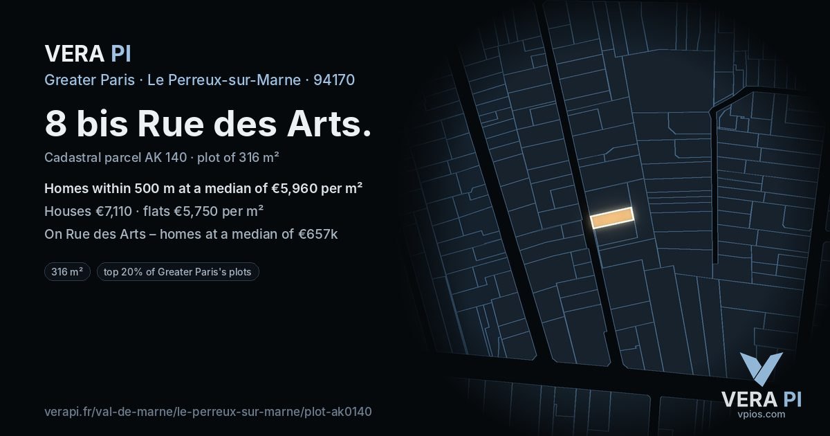 8 bis Rue des Arts, Le Perreux-sur-Marne at night – the plot lit, the parcels around coloured by the prices near them