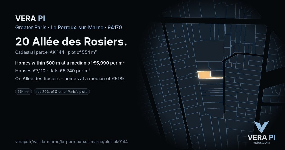 20 Allée des Rosiers, Le Perreux-sur-Marne at night – the plot lit, the parcels around coloured by the prices near them