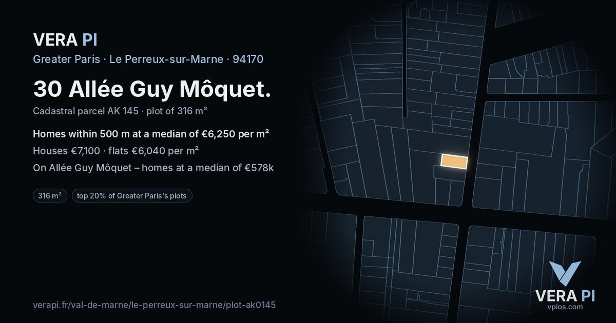 30 Allée Guy Môquet, Le Perreux-sur-Marne at night – the plot lit, the parcels around coloured by the prices near them