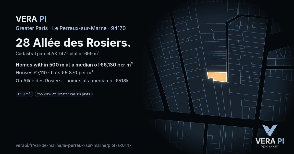 28 Allée des Rosiers, Le Perreux-sur-Marne at night – the plot lit, the parcels around coloured by the prices near them