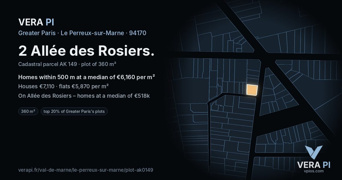 2 Allée des Rosiers, Le Perreux-sur-Marne at night – the plot lit, the parcels around coloured by the prices near them