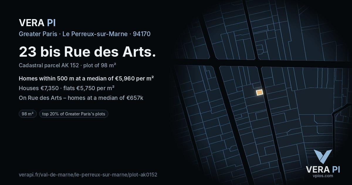 23 bis Rue des Arts, Le Perreux-sur-Marne at night – the plot lit, the parcels around coloured by the prices near them
