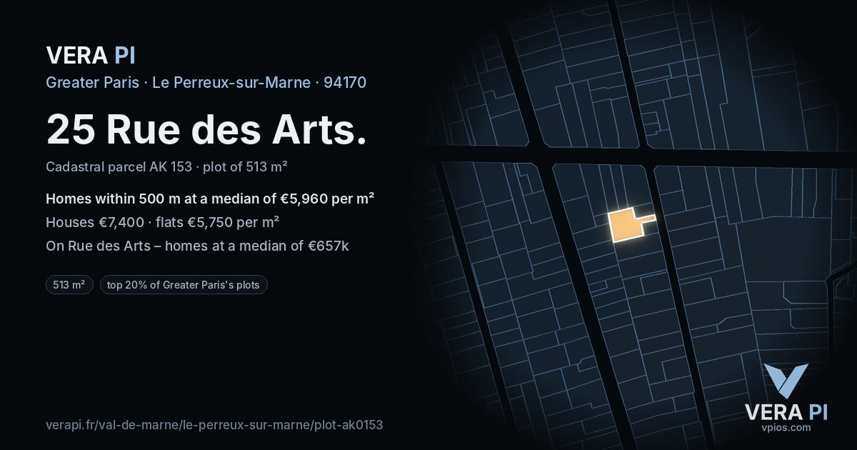 25 Rue des Arts, Le Perreux-sur-Marne at night – the plot lit, the parcels around coloured by the prices near them