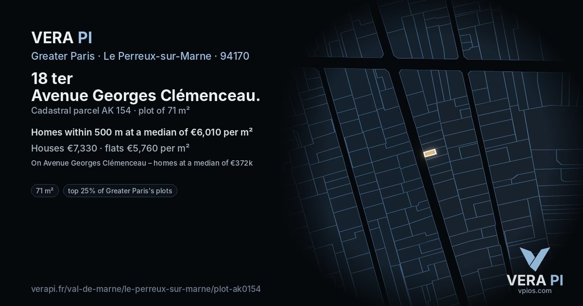 18 ter Avenue Georges Clémenceau, Le Perreux-sur-Marne at night – the plot lit, the parcels around coloured by the prices near them
