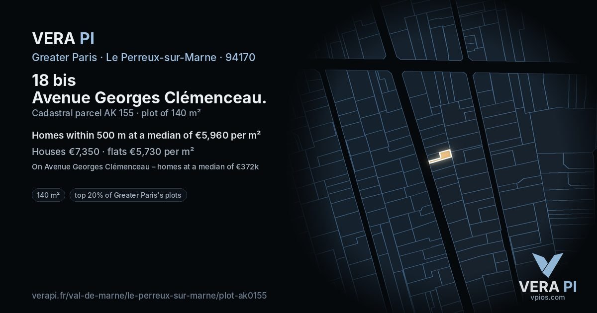 18 bis Avenue Georges Clémenceau, Le Perreux-sur-Marne at night – the plot lit, the parcels around coloured by the prices near them