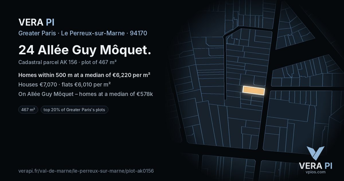 24 Allée Guy Môquet, Le Perreux-sur-Marne at night – the plot lit, the parcels around coloured by the prices near them