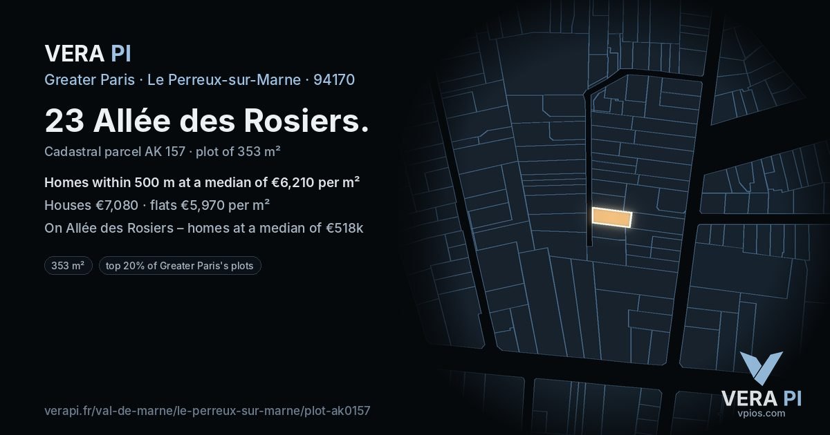 23 Allée des Rosiers, Le Perreux-sur-Marne at night – the plot lit, the parcels around coloured by the prices near them