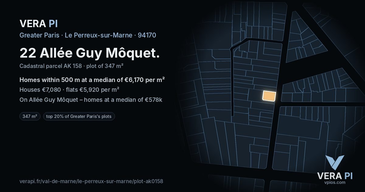 22 Allée Guy Môquet, Le Perreux-sur-Marne at night – the plot lit, the parcels around coloured by the prices near them