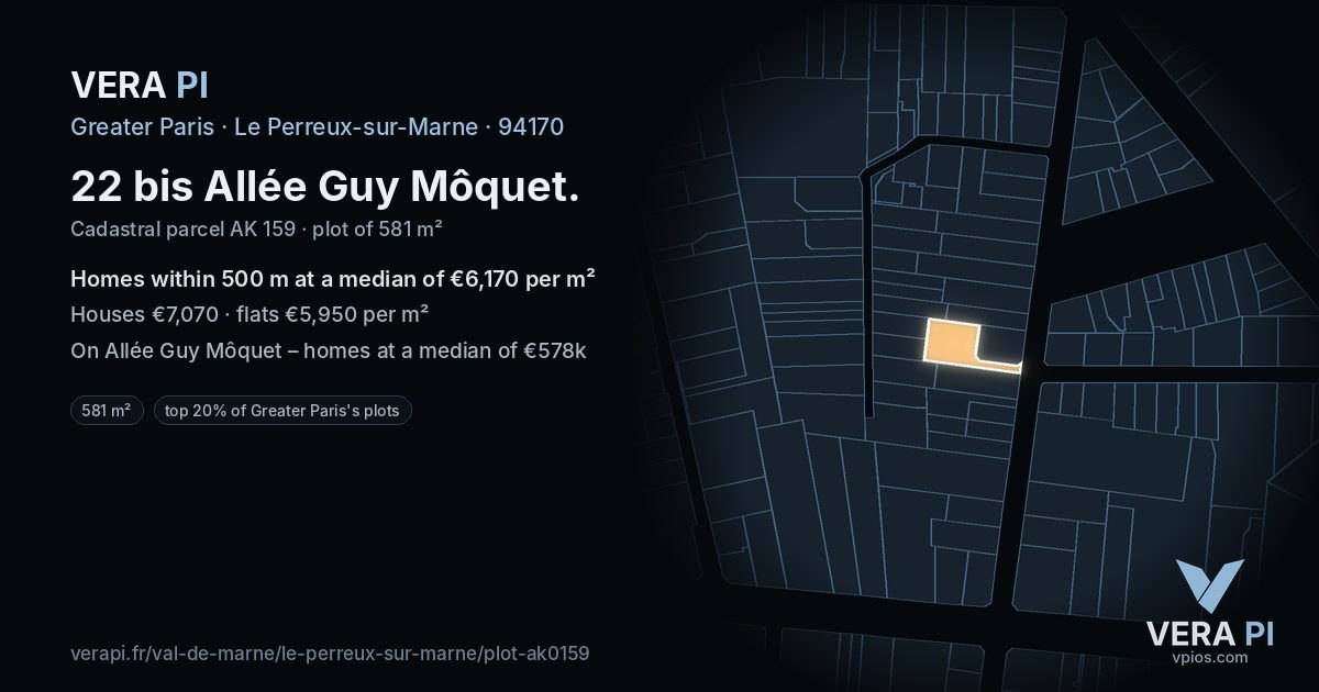 22 bis Allée Guy Môquet, Le Perreux-sur-Marne at night – the plot lit, the parcels around coloured by the prices near them