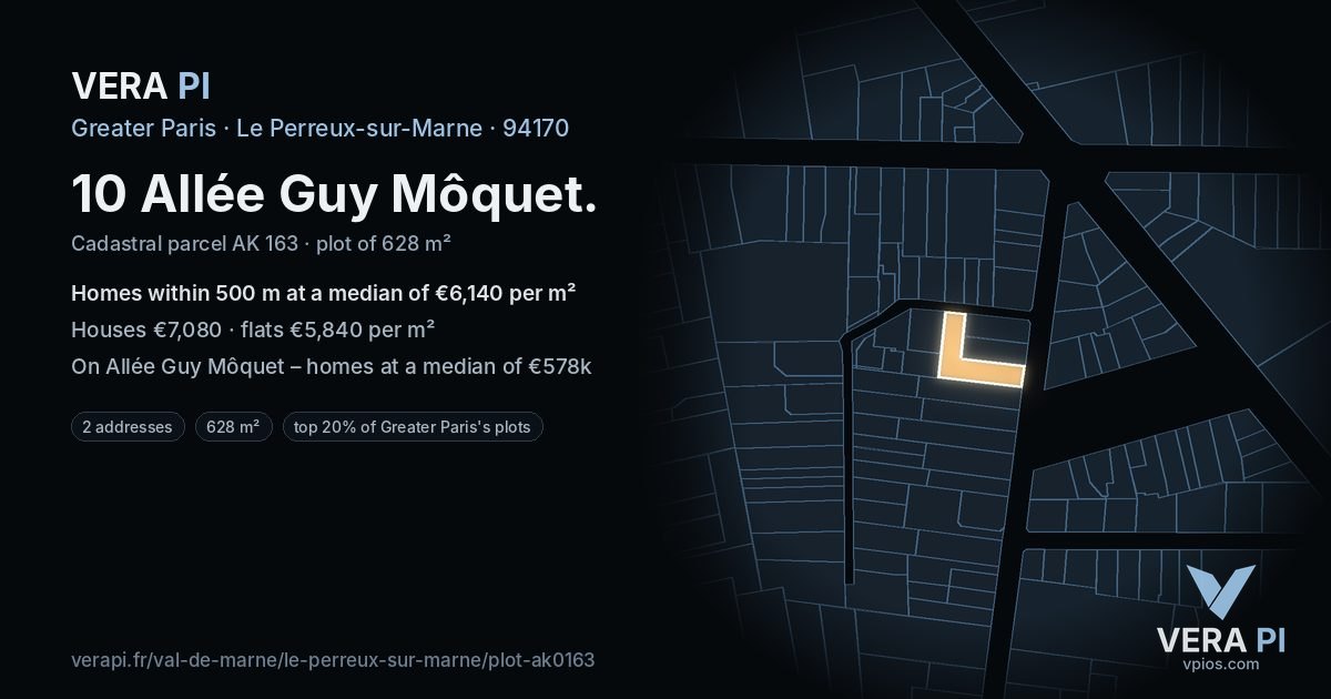 10 Allée Guy Môquet, Le Perreux-sur-Marne at night – the plot lit, the parcels around coloured by the prices near them