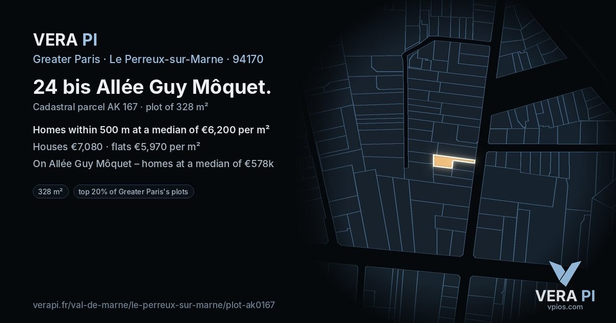 24 bis Allée Guy Môquet, Le Perreux-sur-Marne at night – the plot lit, the parcels around coloured by the prices near them