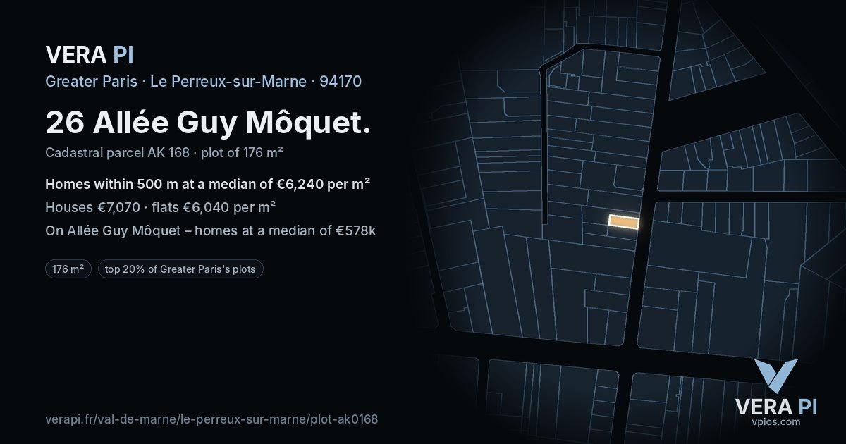 26 Allée Guy Môquet, Le Perreux-sur-Marne at night – the plot lit, the parcels around coloured by the prices near them