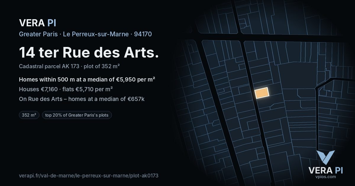 14 ter Rue des Arts, Le Perreux-sur-Marne at night – the plot lit, the parcels around coloured by the prices near them