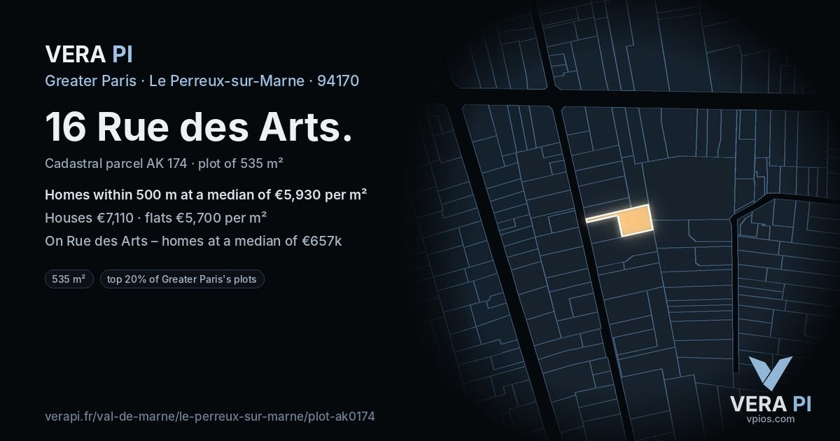 16 Rue des Arts, Le Perreux-sur-Marne at night – the plot lit, the parcels around coloured by the prices near them