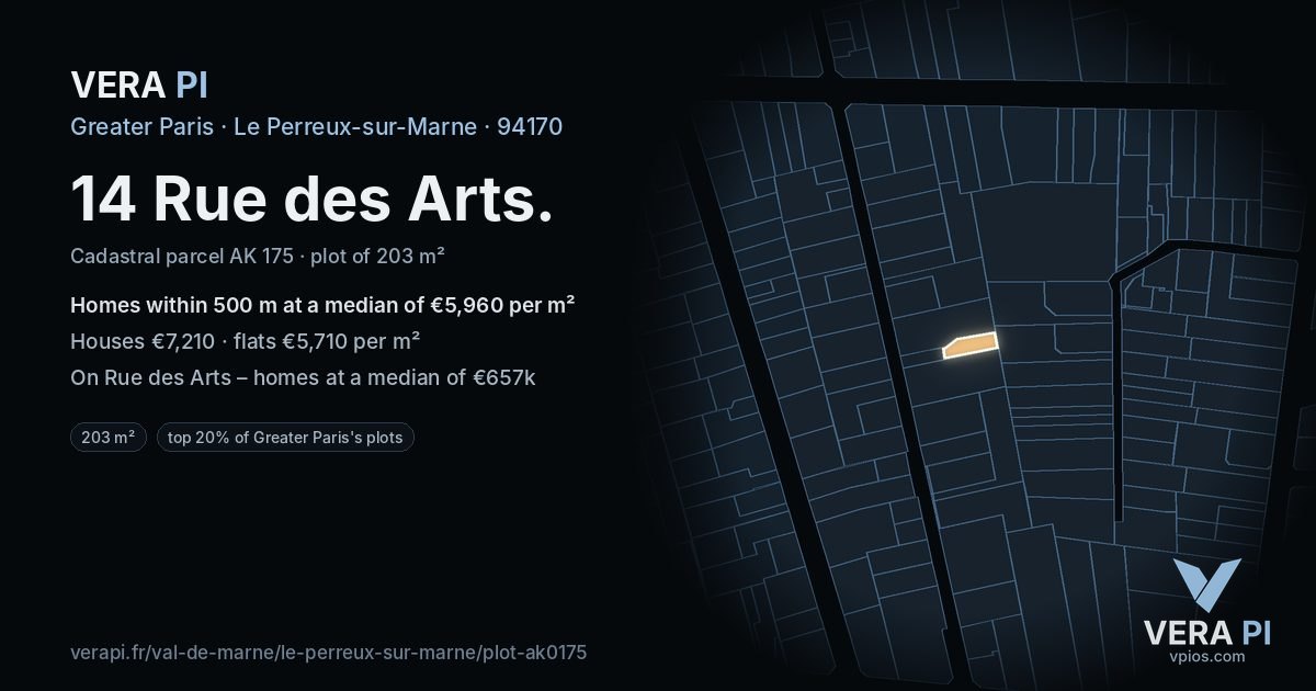 14 Rue des Arts, Le Perreux-sur-Marne at night – the plot lit, the parcels around coloured by the prices near them