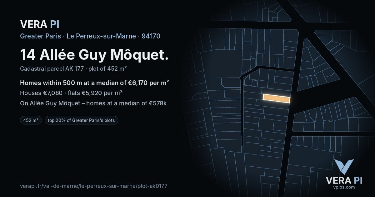 14 Allée Guy Môquet, Le Perreux-sur-Marne at night – the plot lit, the parcels around coloured by the prices near them