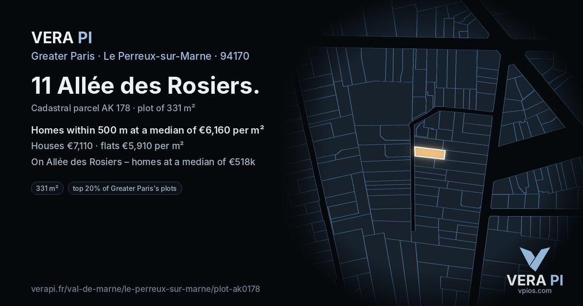 11 Allée des Rosiers, Le Perreux-sur-Marne at night – the plot lit, the parcels around coloured by the prices near them